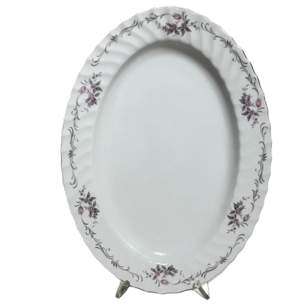 Gold Standard Serving Platter Porcelain Y2K Platinum Trim 14” Oval Made In Japan